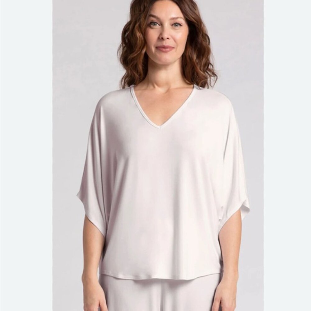 Sympli White V-Neck Bamboo Relaxed Fit Dolman 3/4 Sleeve Blouse Size Large